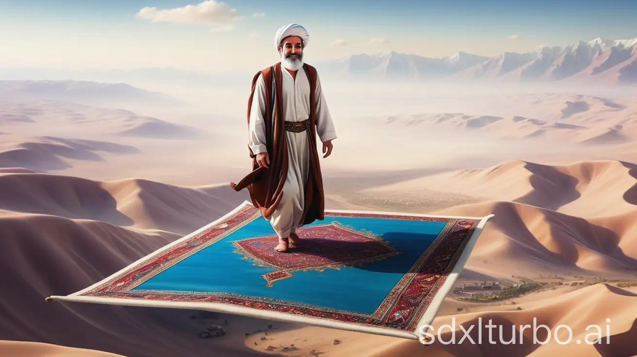 Persian-Man-Soaring-on-a-Flying-Carpet-Over-a-Lush-Landscape