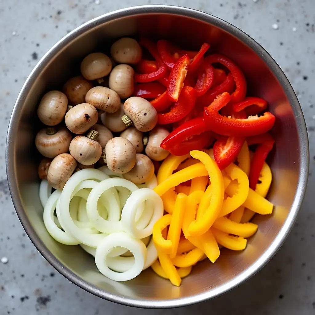 photo of a salad bowl containing marinated champignons, onions cut into rings and bell peppers cut into strips
