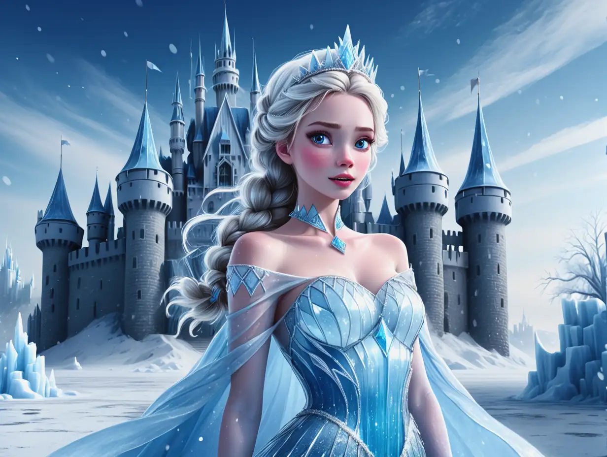 a beautiful ice princess standing in front of a castle in an icy sky and snowy land