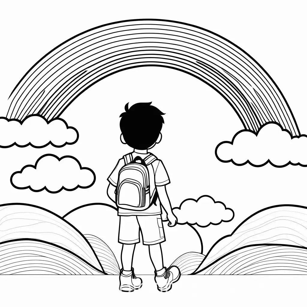 Boy-Walking-Away-from-Rainbow-Clouds-Coloring-Page