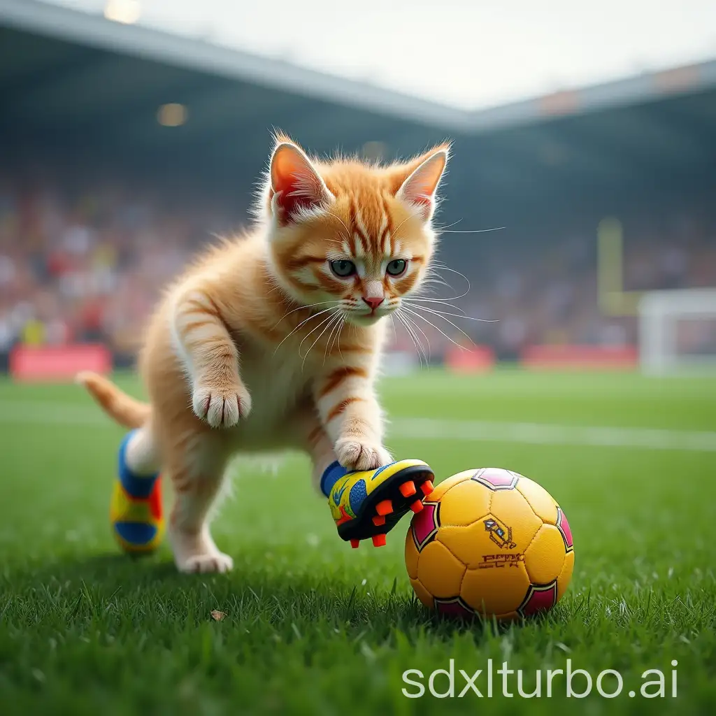 Generate an energetic scene of a cute kitten playing soccer on a professional football field. The kitten is actively kicking a soccer ball, wearing brightly colored football cleats that are clearly visible and detailed, with the cleats standing out as a key focus. The kitten is in a dynamic pose, full of motion and intensity, as if competing in a real match. The stadium background has a competitive atmosphere, with green grass, goalposts, and a cheering crowd in the distance. The lighting emphasizes the movement and the sharpness of the kitten's cleats, giving the scene a sporty and action-packed vibe.