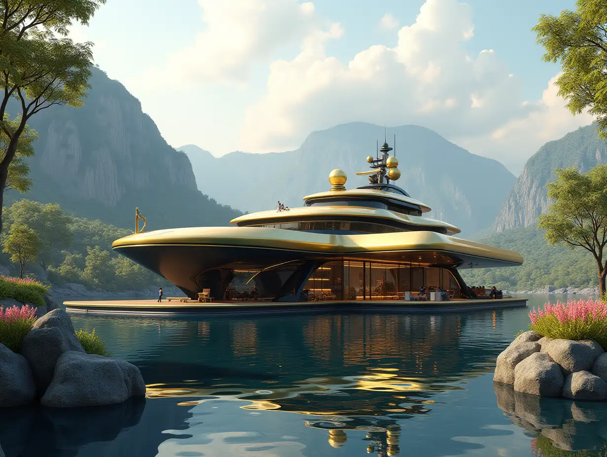 Create a high-resolution realistic image in 4k resolution of a futuristic gold with black building with curved columns, mountains large trees, rocks flowers a futuristic very large yacht with glass window cloudy sky