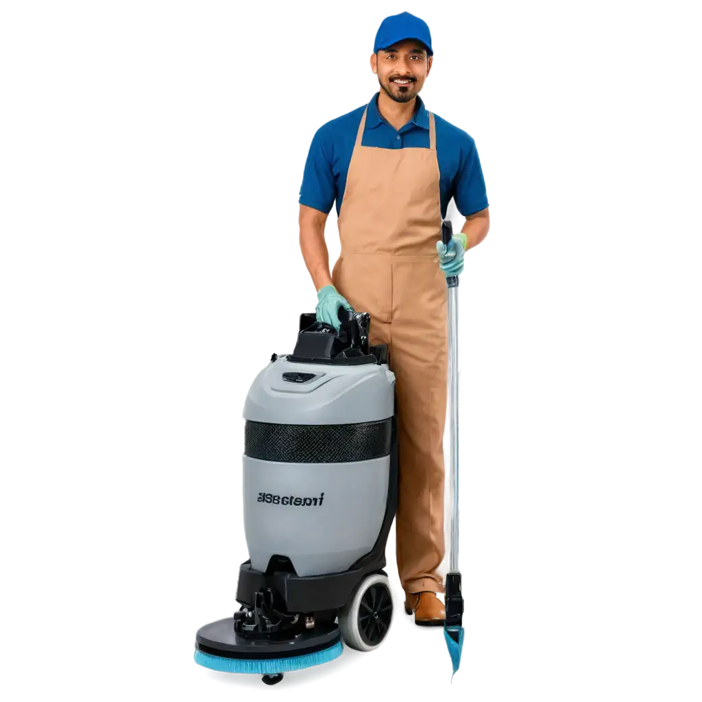 An Indian male professional cleaning expert standing confidently with a single-disk floor cleaning machine. He is dressed in a uniform, including gloves, a cap, and work boots. The scene is realistic, with soft lighting and a neutral background (preferably transparent), highlighting the man and the single-disk machine. PNG format with transparent background.