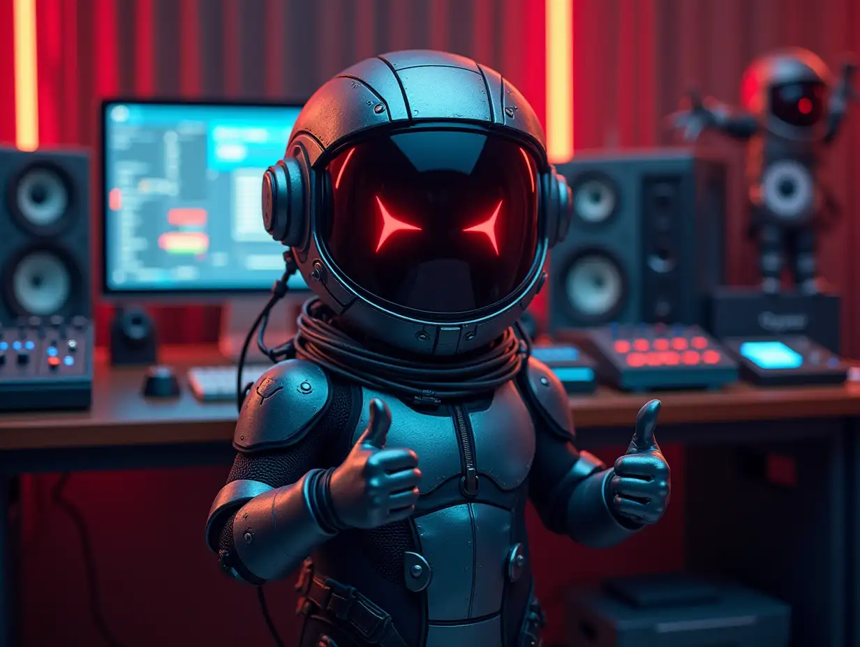 Funny, little laughing character, in a tight steel-colored cyber suit with lots of wires, wearing a mask, standing in a music studio and giving a thumbs up, lots of hardware, cyber environment with lights in red and blue