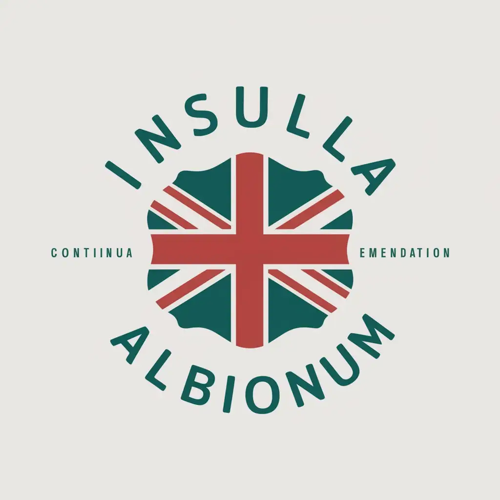 LOGO Design For Insula Albionum Green Writing in Old English Font with Continua Emendationem Symbol under the Union Jack