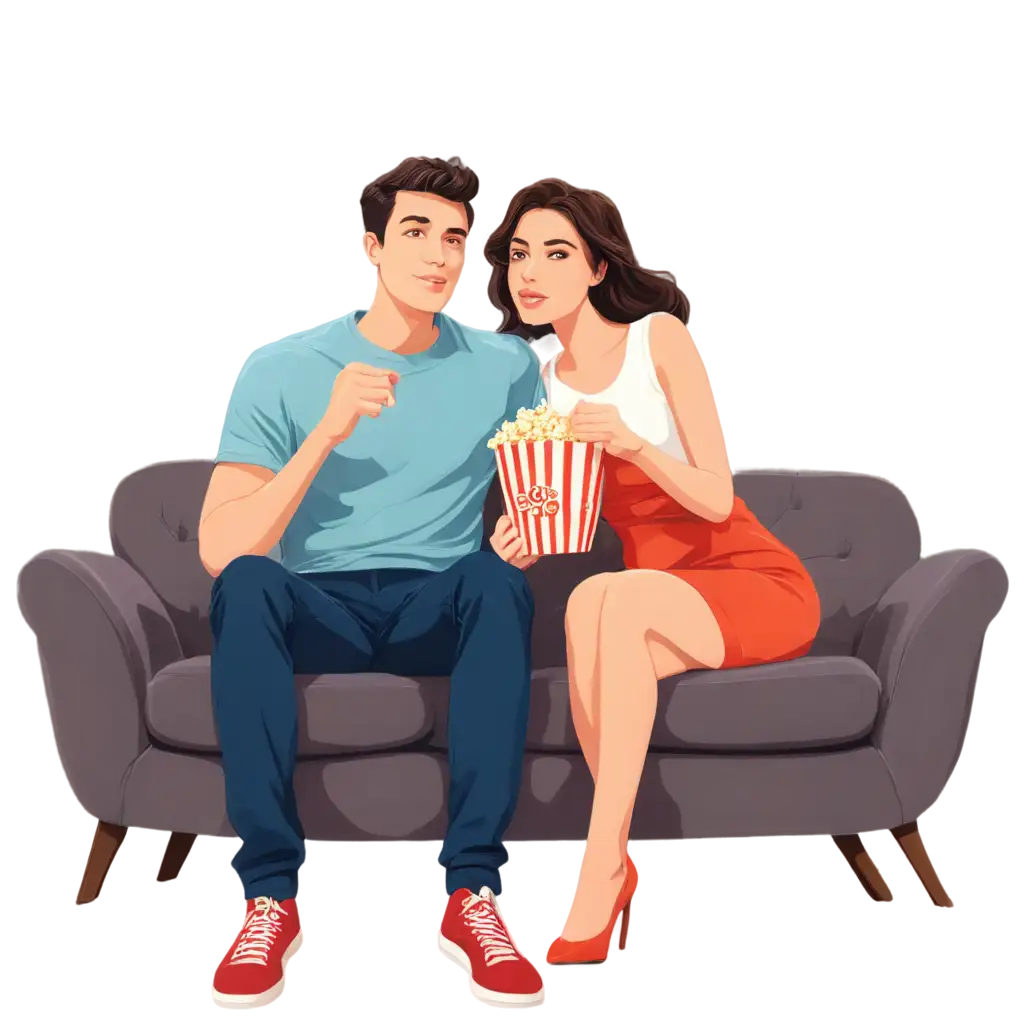 HighQuality-PNG-Illustration-of-Man-and-Woman-Couple-Sitting-on-the-Couch-Eating-Popcorn