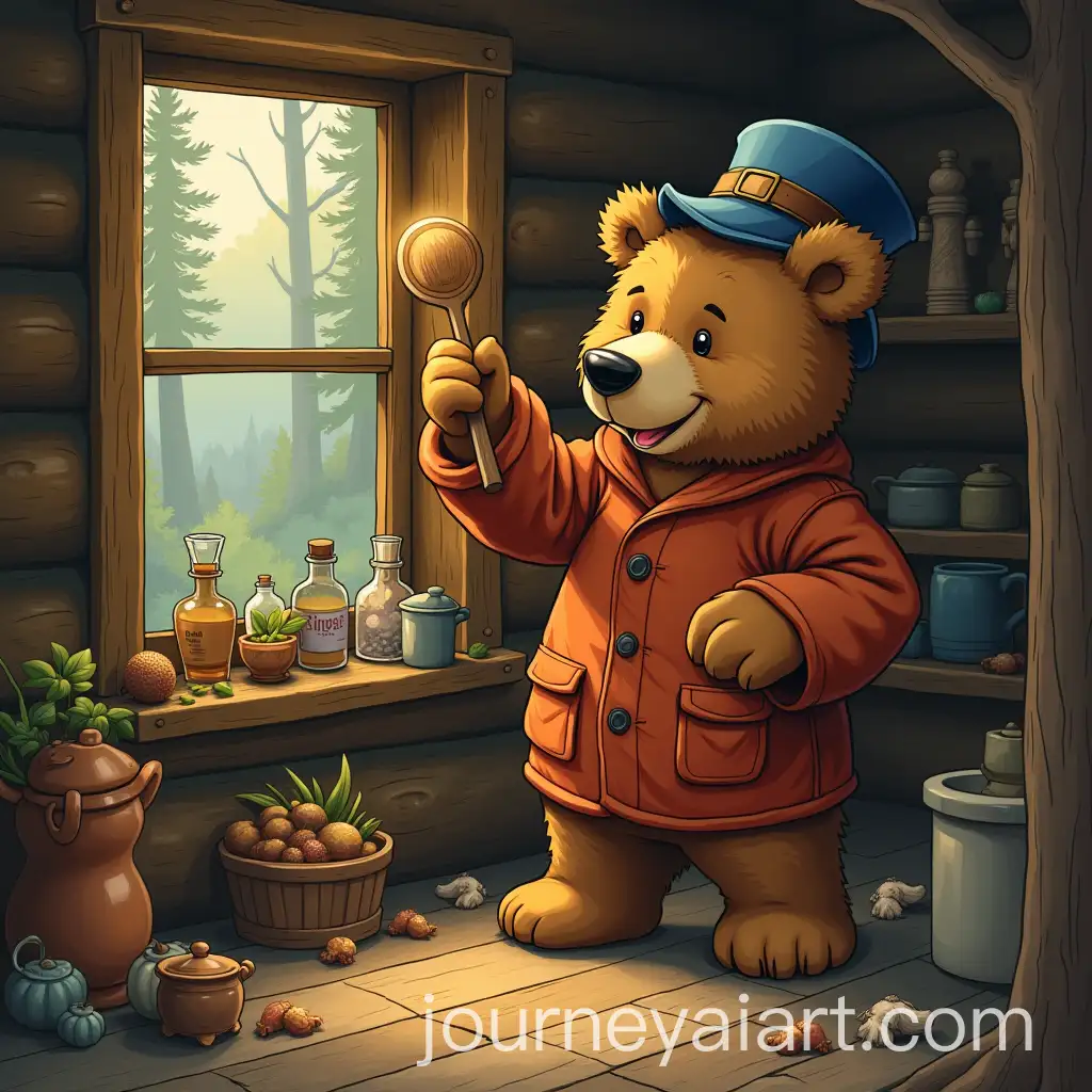 BearAI-Art-Prompt-Expansion-in-Cabin-Wearing-Hat-and-Using-Wooden-Spoon