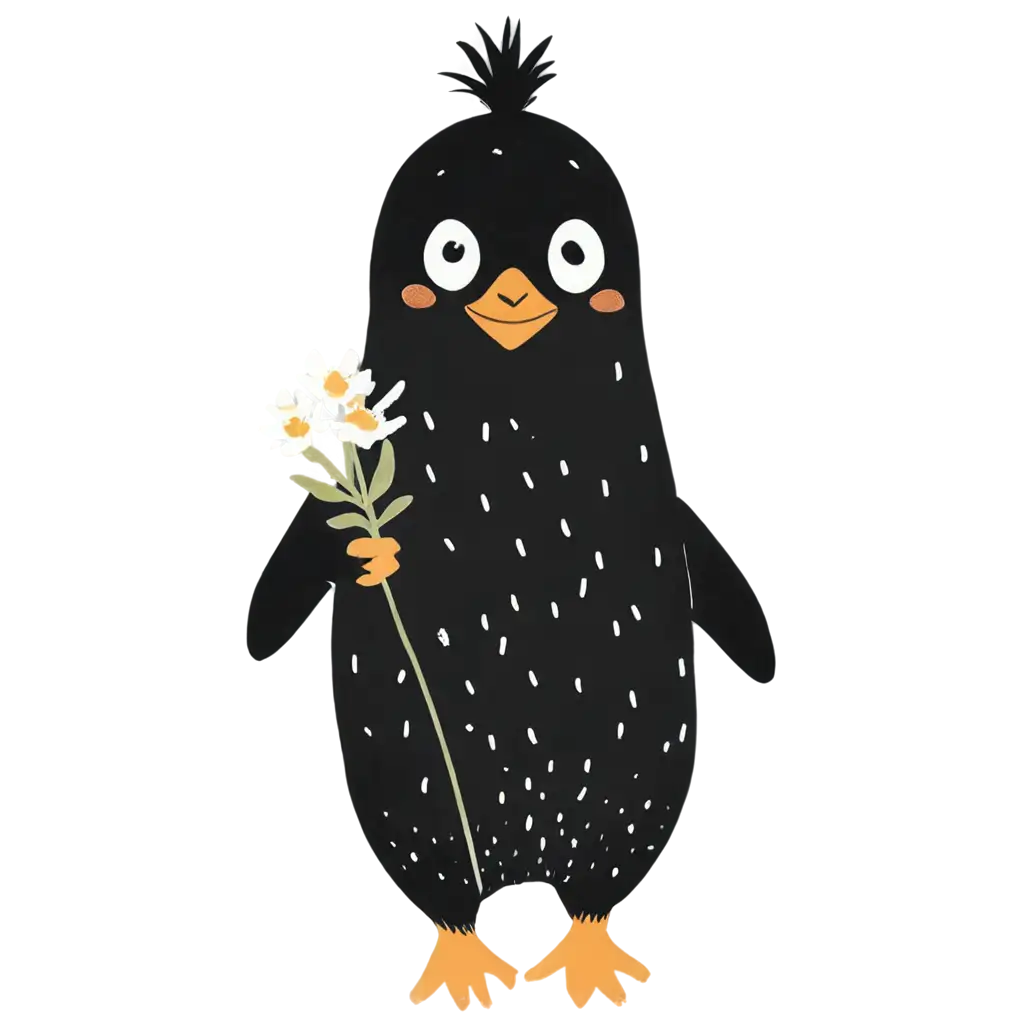 Cheerful-Penguin-Holding-a-Flower-HandDrawn-BlackandWhite-PNG-Illustration-for-Kids-Book-Designs-and-More