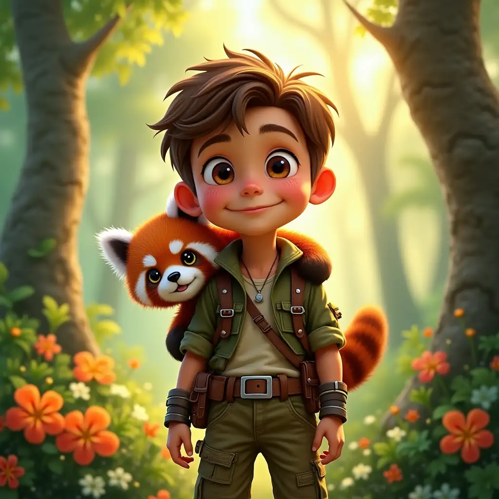 A young explorer boy with large expressive eyes and a warm smile, wearing an olive-green adventure outfit with leather straps, a utility belt, and wristbands. A cute red panda with fluffy fur and bright eyes clings to his shoulder, looking curious. The setting is a lush, sunlit forest with soft glowing light filtering through tall trees, surrounded by vibrant greenery and blooming flowers. The art style is whimsical and highly detailed, with a touch of fantasy, vibrant colors, and a dreamy atmosphere.