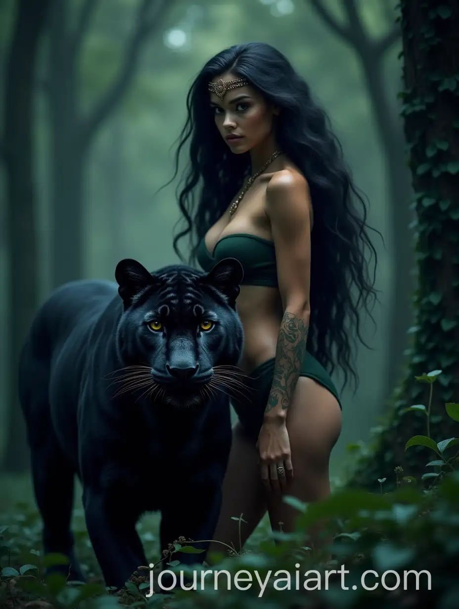 Amazon-Warrior-and-Black-Jaguar-in-a-Magical-Fairy-Forest-at-Night