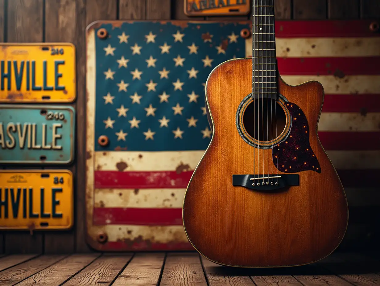 Vector. A rustic scene featuring an intricately designed acoustic guitar with a wooden texture, centered on a backdrop of an American flag. The flag has deep red and blue tones, with subtly distressed textures suggesting weathering, giving a vintage aesthetic. To the left, vintage license plates spell out 'NASHVILLE,' incorporating bright yellows and muted colors that contrast with the warm wood tones of the guitar and flag. The overall color palette combines earthy browns, vibrant reds, and blues, capturing a nostalgic and Americana vibe. The lighting is warm, enhancing the textures and intricacies of the guitar and background elements, evoking a sense of musical heritage and Southern culture.