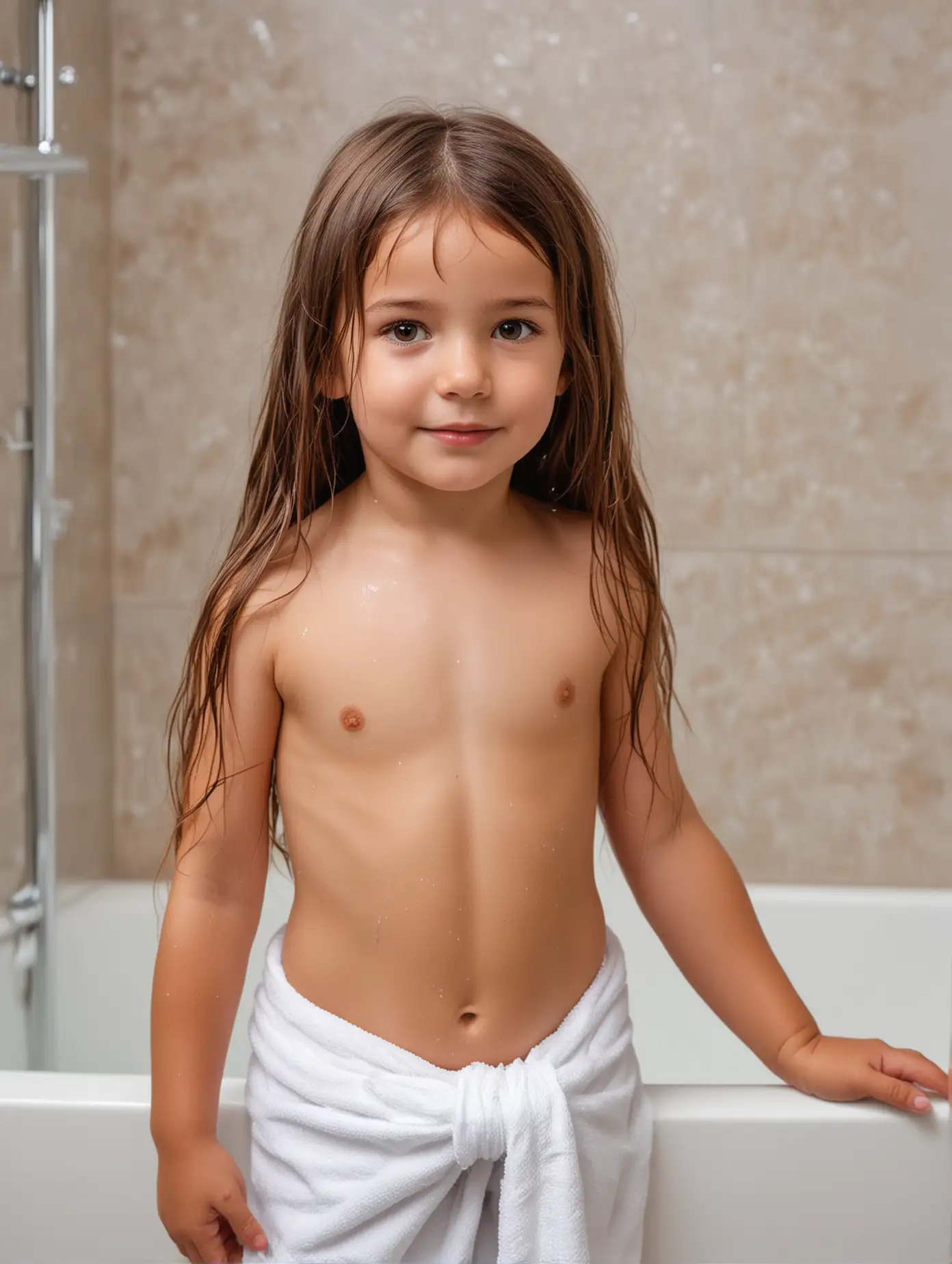 adorable little girl standing in bathroom with little white towel around her waist long brown hair brown eyes wet shiny skin