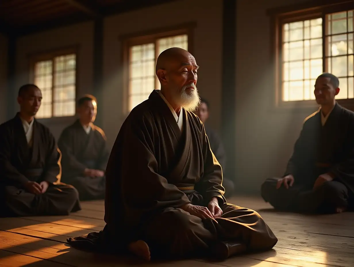 A wise old Zen master, dressed in traditional Japanese robes, sitting peacefully in a wooden temple, surrounded by monks in meditation. The atmosphere is serene, with sunlight filtering through paper windows, casting soft shadows on the wooden floor.