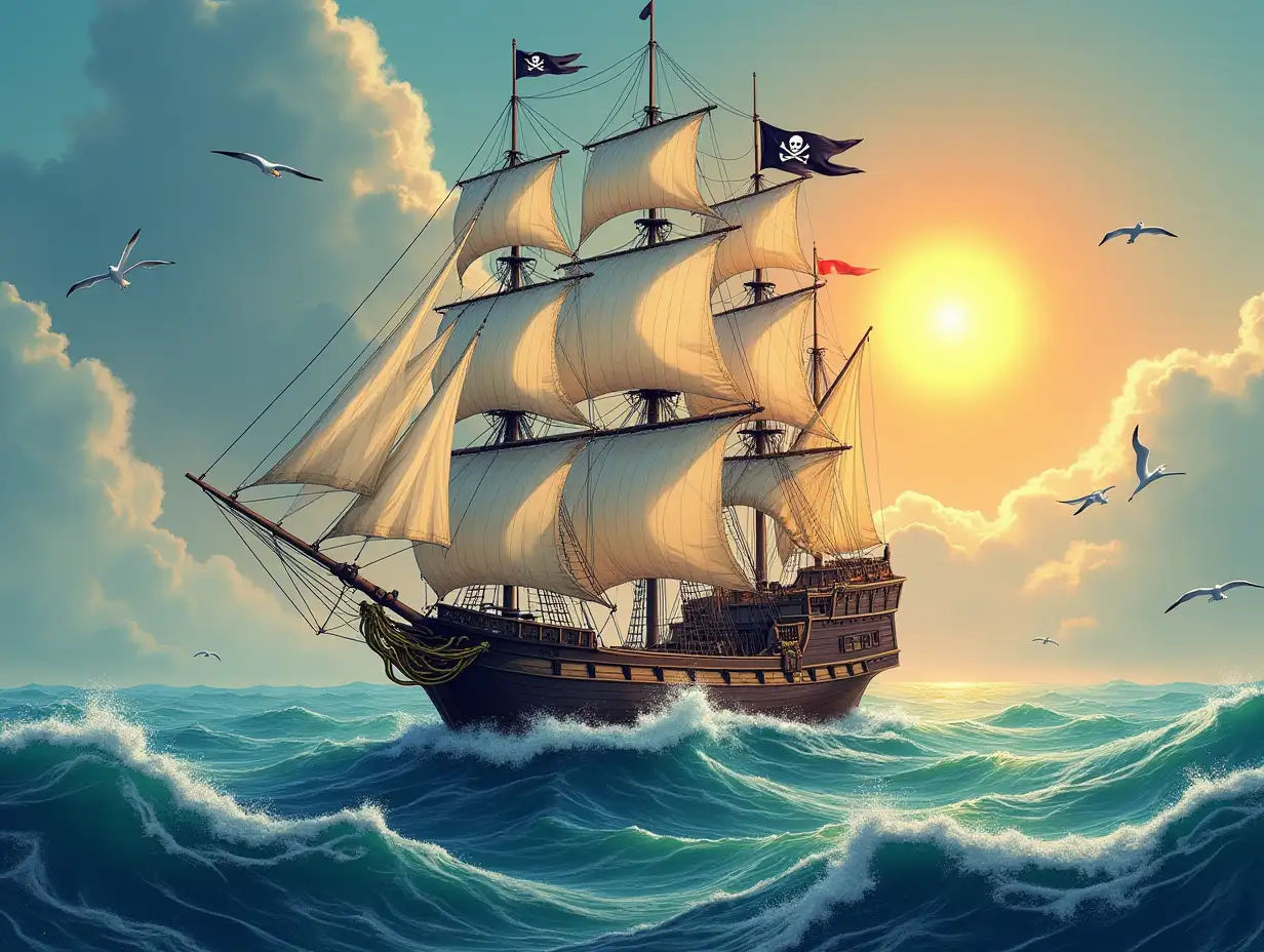 sea, sailing pirate ship, flag with skull and bones, sun, seagulls