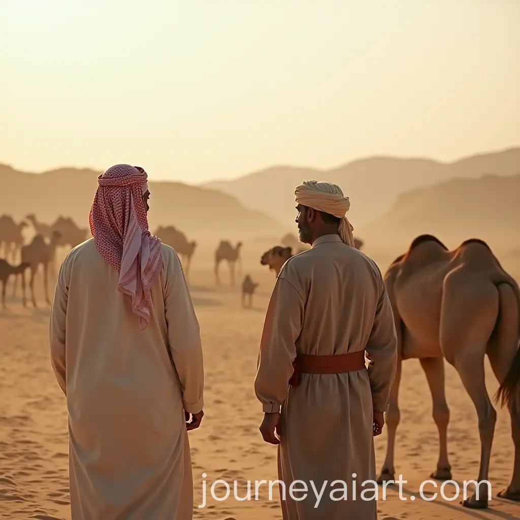 Two-Arab-Elderly-Men-Observing-a-Herd-of-Camels-in-the-Desert