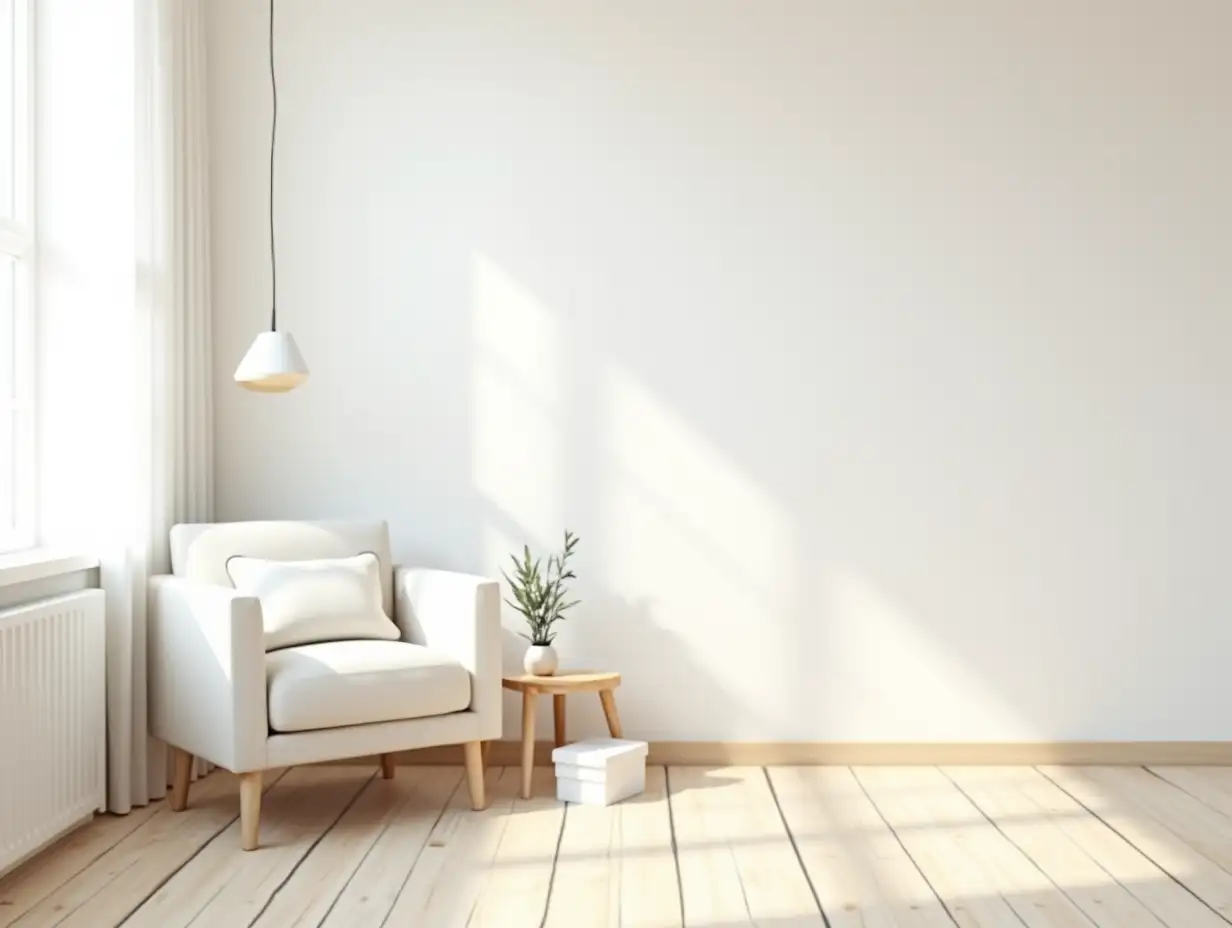 Generate an image of a minimalistic, modern living room with a clean and serene design. The room features a soft white armchair with plush cushions, a wooden floor, and a hanging pendant light. There is a small wooden table with plants beside the chair, and two stacked white boxes on the floor. The overall color palette is neutral, primarily whites and light woods, creating a calm and airy atmosphere with soft natural lighting coming through a window on the side. Ensure the image is in a 16:9 aspect ratio to emphasize the spacious and open feel of the room