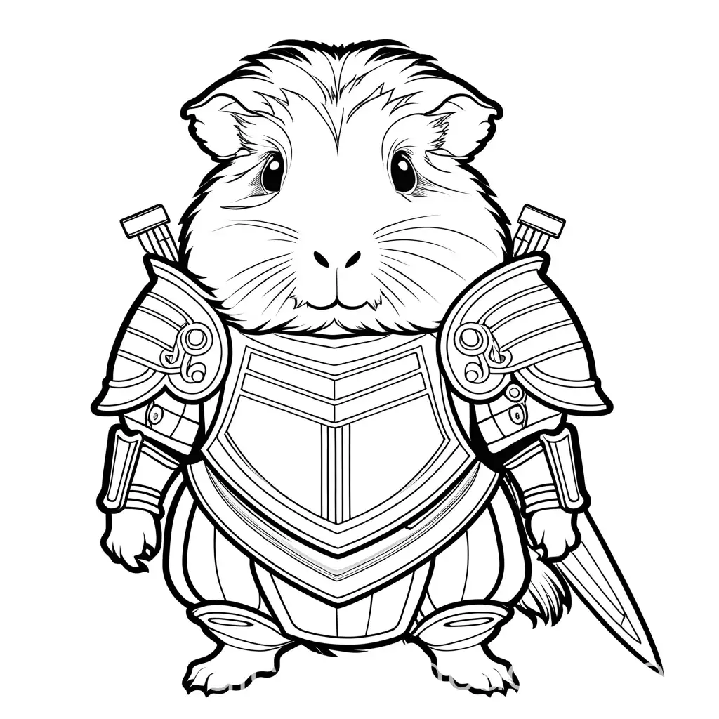 Guinea pig in armor , Coloring Page, black and white, line art, white background, Simplicity, Ample White Space. The background of the coloring page is plain white to make it easy for young children to color within the lines. The outlines of all the subjects are easy to distinguish, making it simple for kids to color without too much difficulty