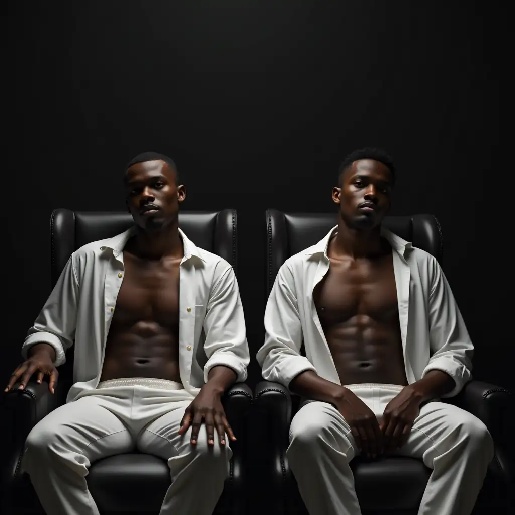 Two-Shirtless-Black-Men-Sitting-in-Big-Chair-in-Front-of-a-Mirror-in-Darkness