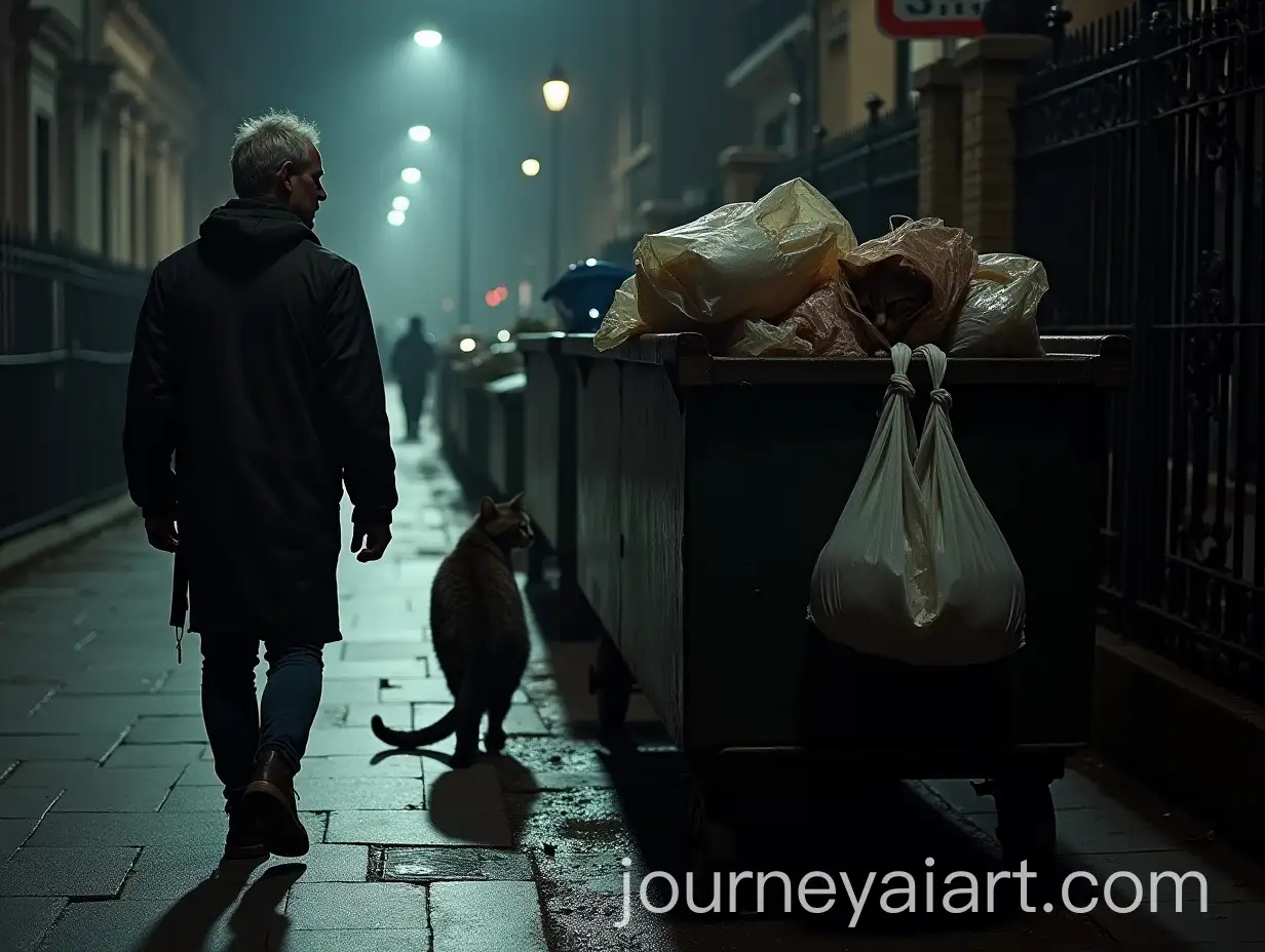 Man-Walking-in-Dark-London-Street-with-Dumpster-and-Sewer-Cat
