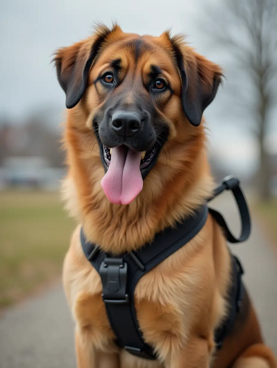 Large northern dog Tied with a harness