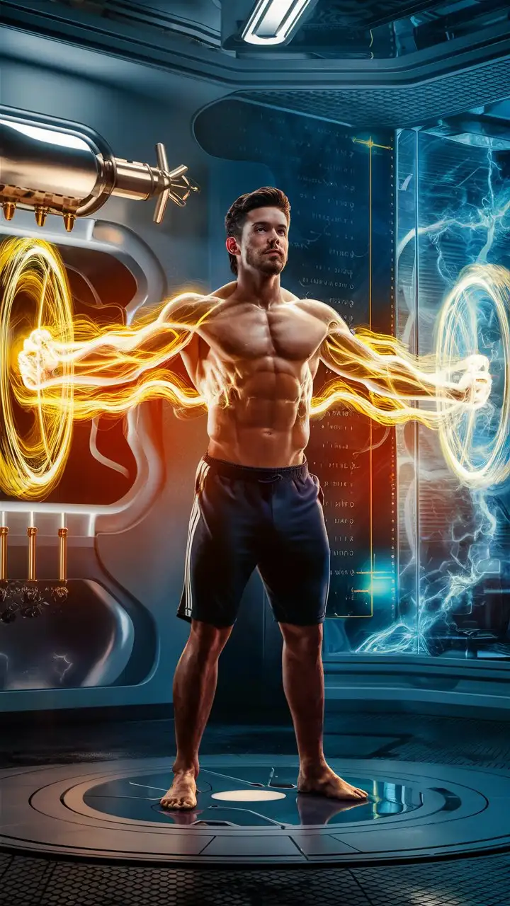 Man-Gaining-Superhuman-Strength-in-Experimental-Chamber-Surrounded-by-Golden-Electricity