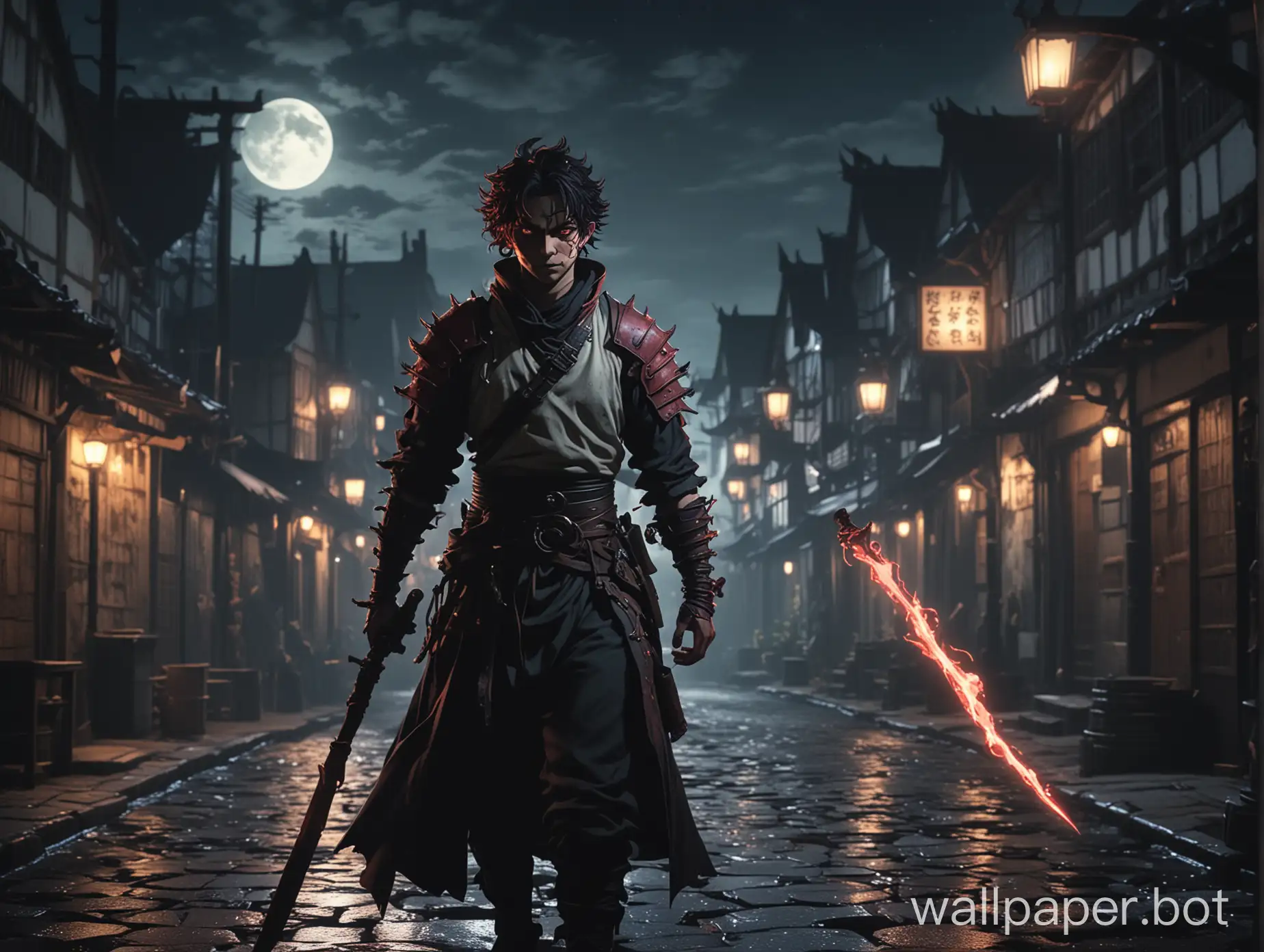 4k Demon Slayer character in a well light street, moonlight