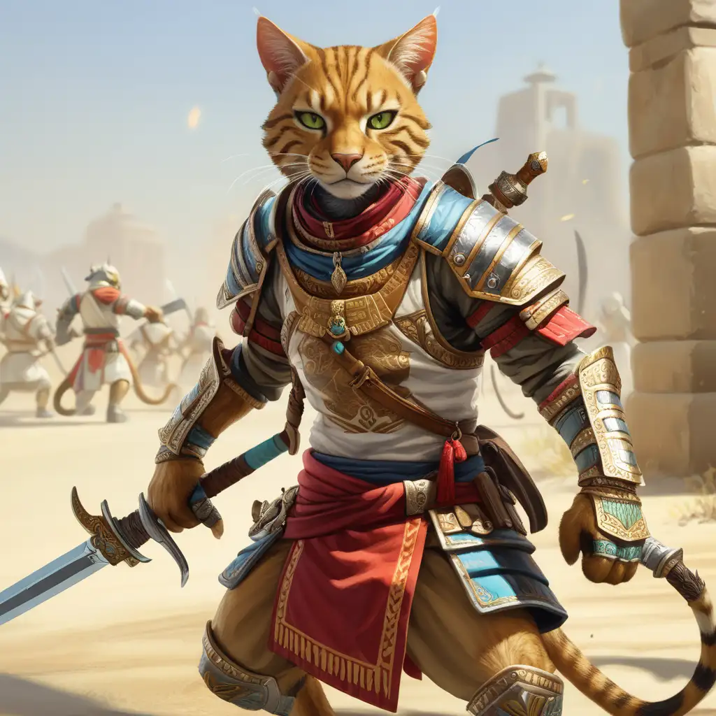 Tabaxi warrior, bright armor, sword drawn, battlefield