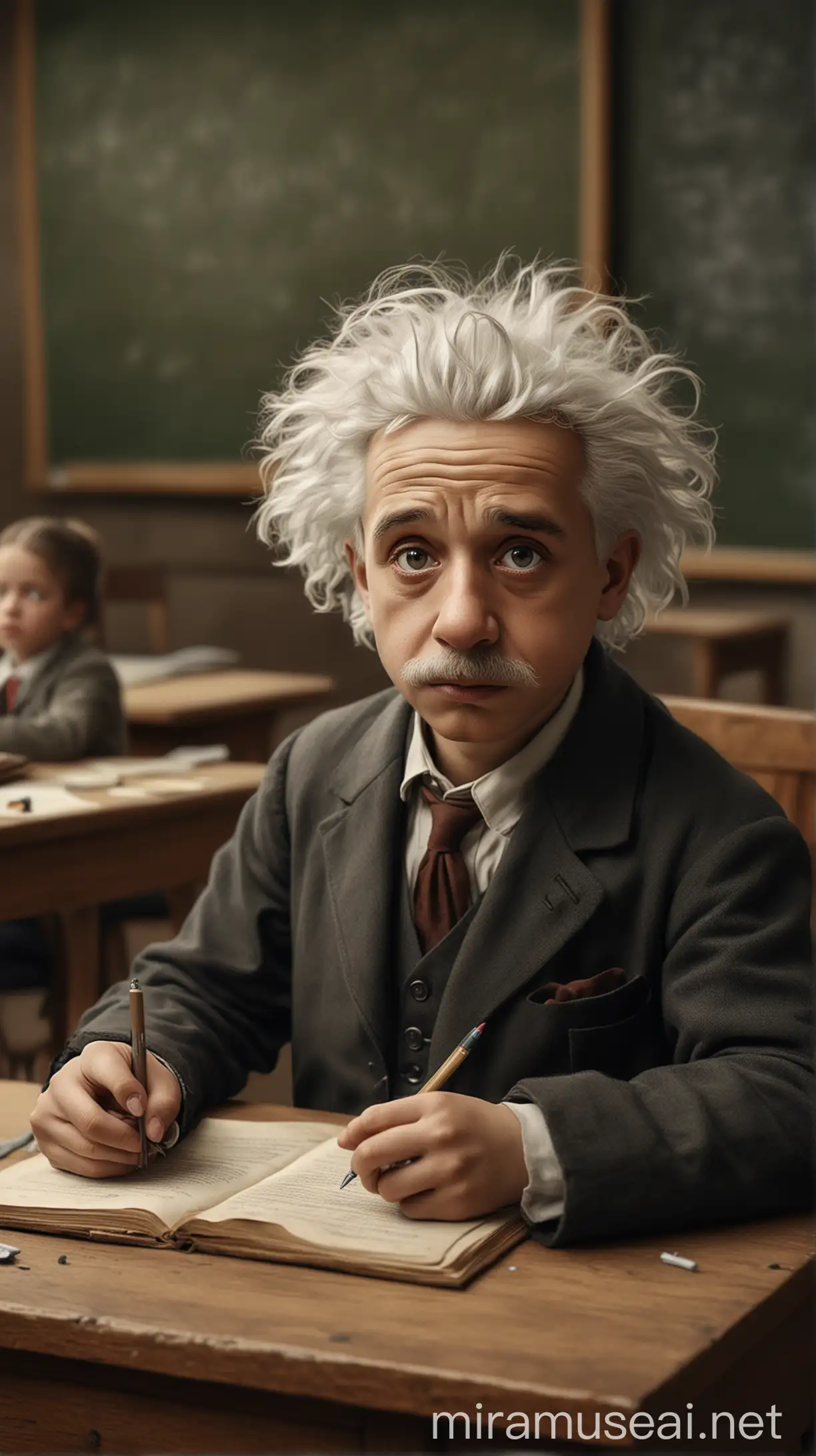 Young Einstein Curiously Struggling in a Classroom