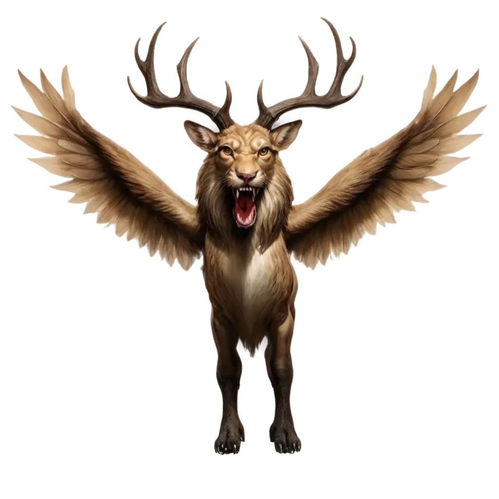 CREATE A MONSTER ALIEN WITH LION HEAD AND WITH TWO HUGE DEER HORNS AND WITH TWO HUGE WINGS