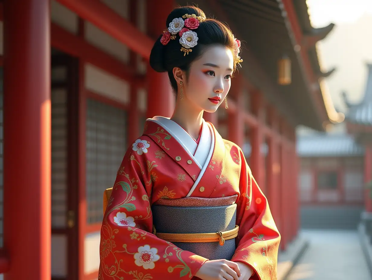 Create AI image a realistic photo of a Japanese princess in a colorful kimono standing on 4K resolution vivid