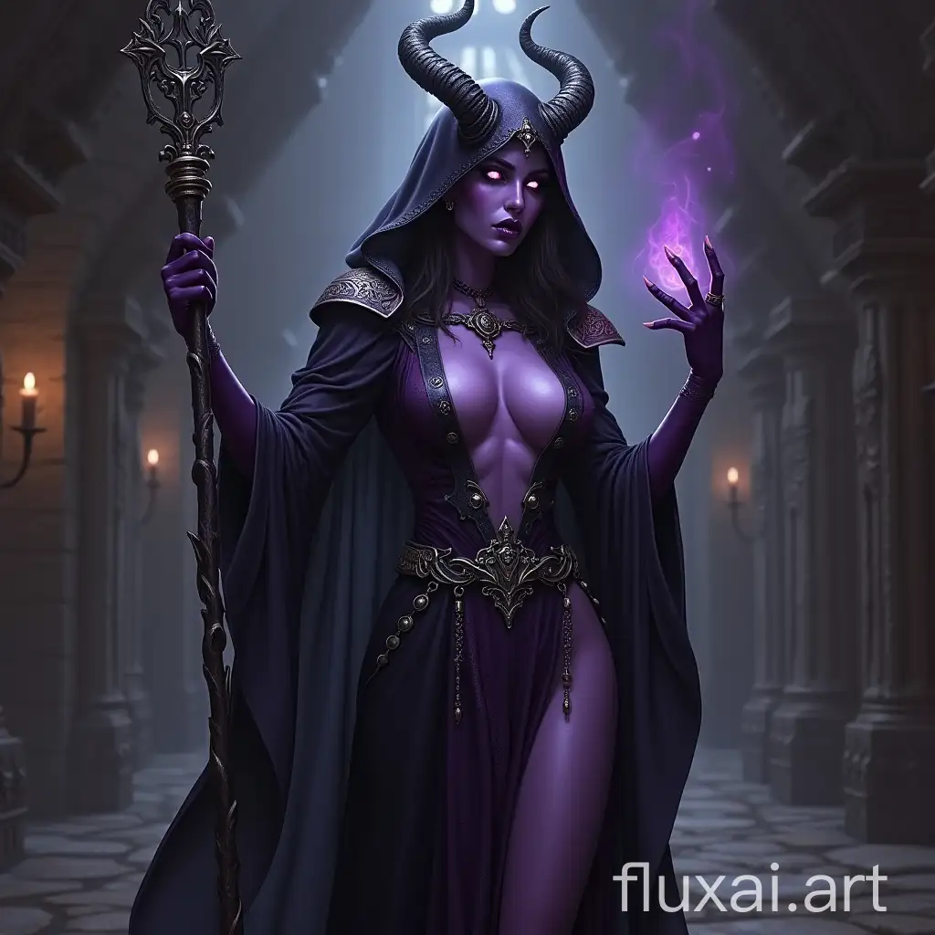 Evil dark elf priestess of an evil goddess, with dark purple skin and white eyes without pupils, she has a large bust, in provocative long ritual clothing with a deep cleavage and open stomach, holding a silver-plated staff in one hand, inside the dungeon, in the style of Warhammer Fantasy Battle