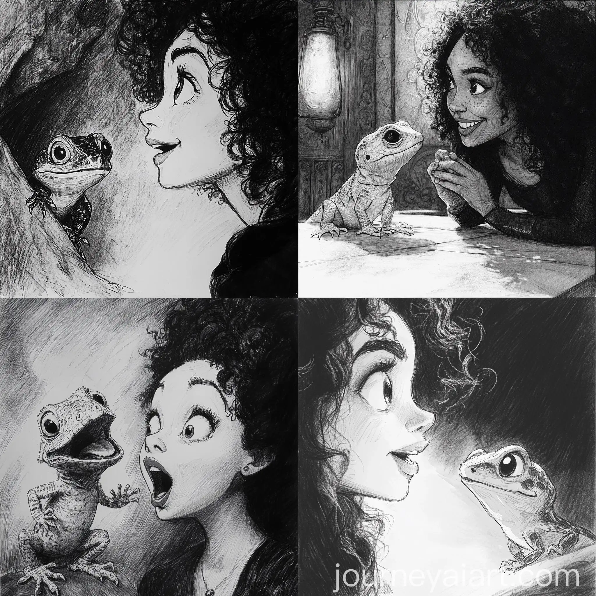 CurlyHaired-Woman-Amazed-by-Talking-Baby-Lizard-in-Pencil-Drawing-Style
