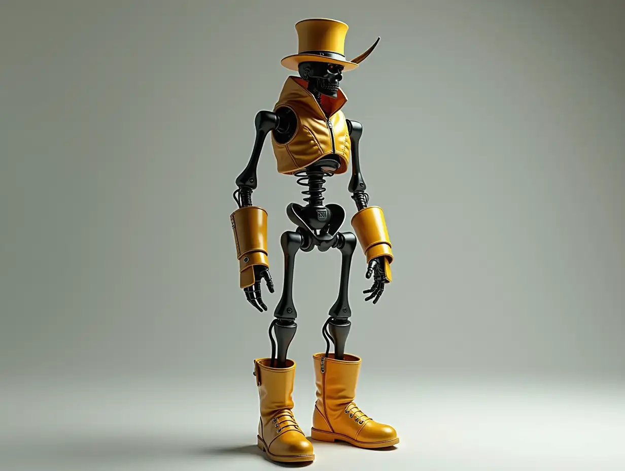 Create a high-resolution, realistic image of a robot with a skeletal body, golden leather boots and head that is a tracksuit, a top hat and a horn in 4K resolution