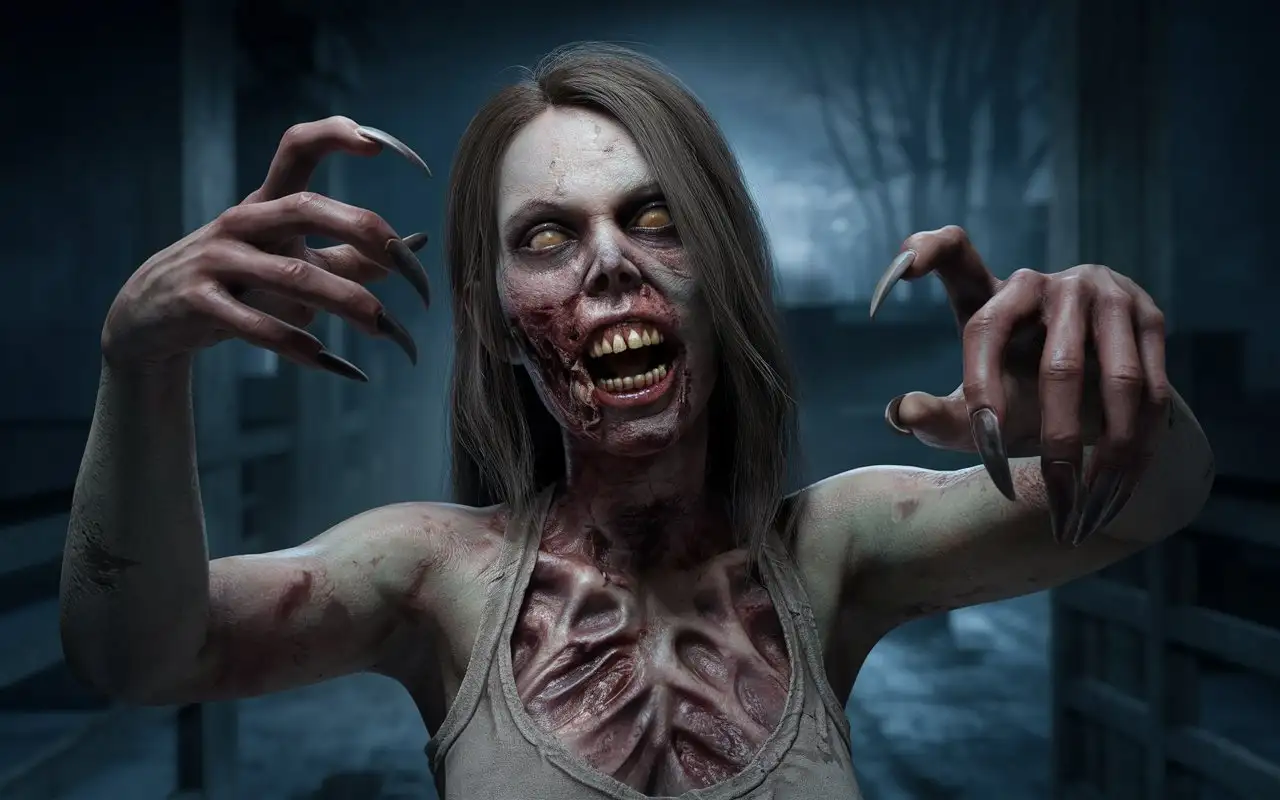 Terrifying-Zombie-Woman-with-Pointed-Claws-in-a-Gloomy-Night-Scene