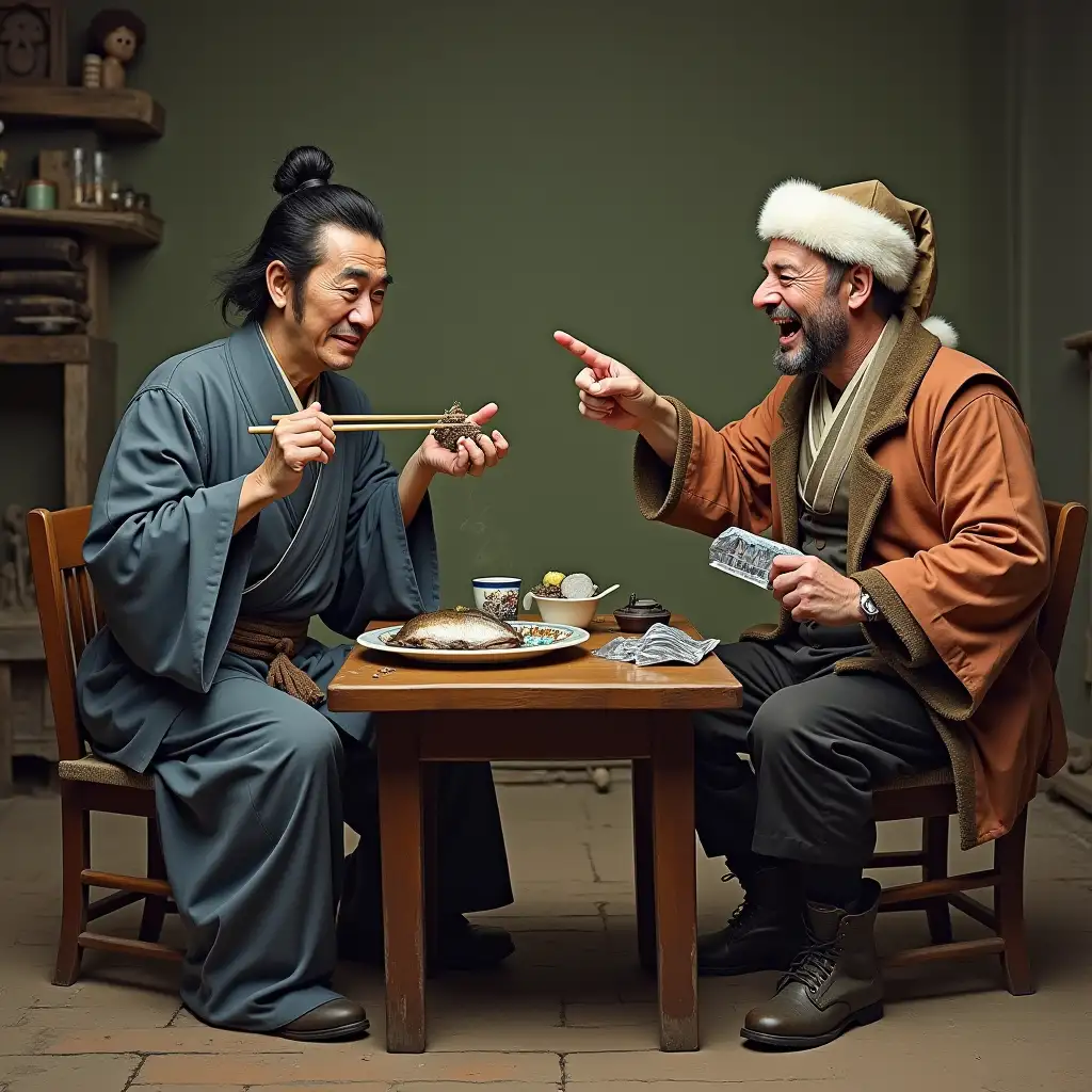 A stern Japanese samurai eats fugu fish with chopsticks. Opposite him sits a Russian peasant in a ushanka, Russian shirt, black pants and kirza boots. In his hand, the peasant holds an open blister pack with a label. The peasant laughs loudly until he cries, pointing at the samurai with his free hand.