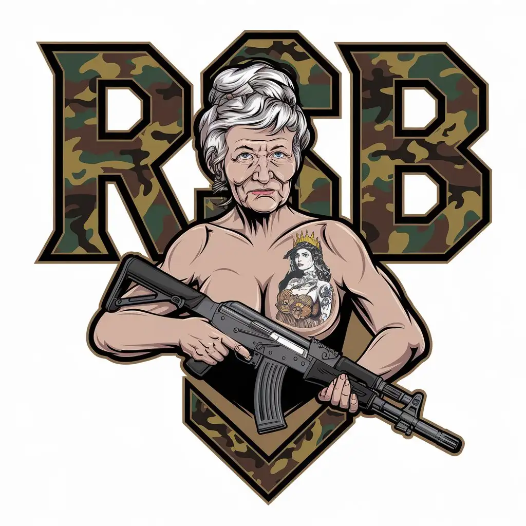 LOGO Design for RB Vector Logo Featuring a Grandma with a Tattooed Cursed Princess and AK47 in Camouflaged Style