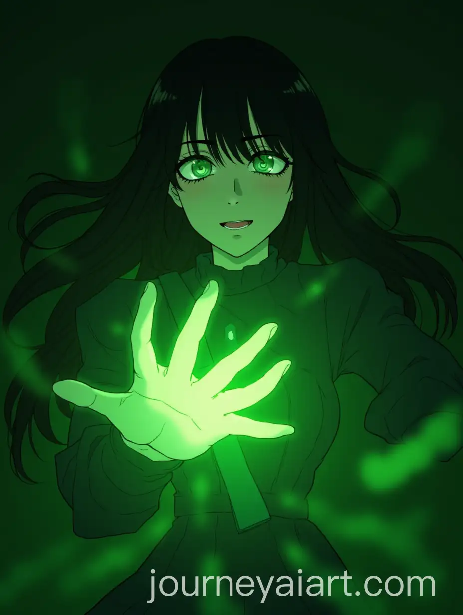 Anime-Style-Girl-with-Flowing-Green-Hair-and-Glowing-Eyes-Reaching-Out-in-Dark-Background