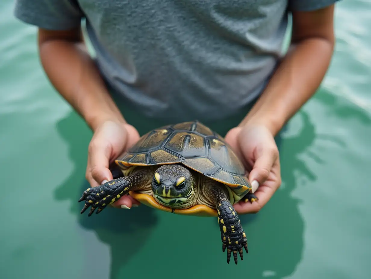 He is holding a turtle