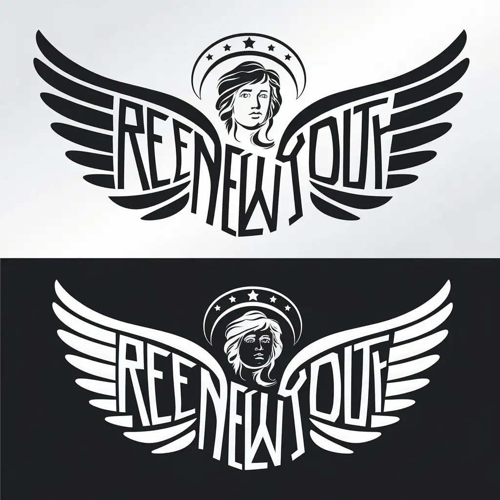 LOGO Design for Freenewyouth Abstract Angel Pattern with Wings and Halo Using Black and White Colors