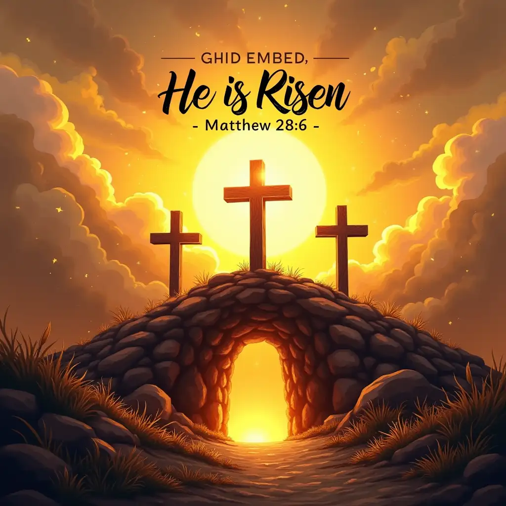 A powerful Easter-themed scene with three crosses silhouetted against a golden sunrise, symbolizing hope and resurrection. In the foreground, an empty tomb with its stone rolled away glows with divine light. Sparkling golden accents add a spiritual touch. The phrase 'He is Risen – Matthew 28:6' is elegantly written in flowing script. Vector illustration, Alcohol Ink ART