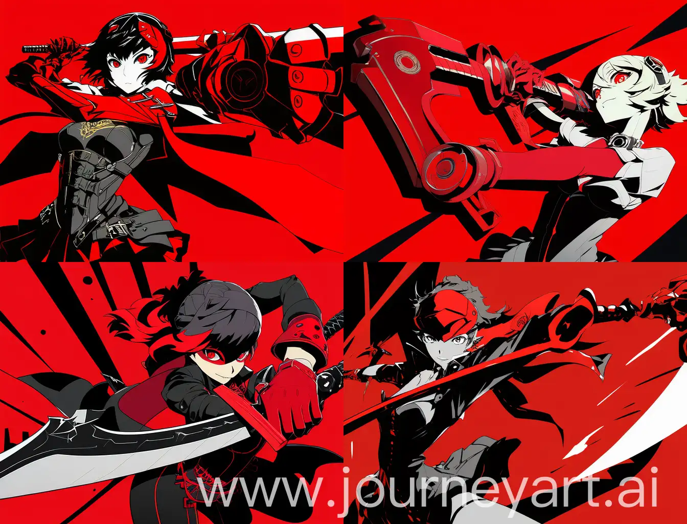 Anime-Poster-Female-Character-with-Mechanical-Arm-Holding-Sword-in-HighContrasting-Persona-5-Style