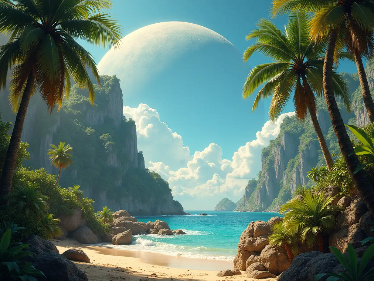 Create for me a photorealistic image of Paradise on another planet with Exotic Fruit Trees
