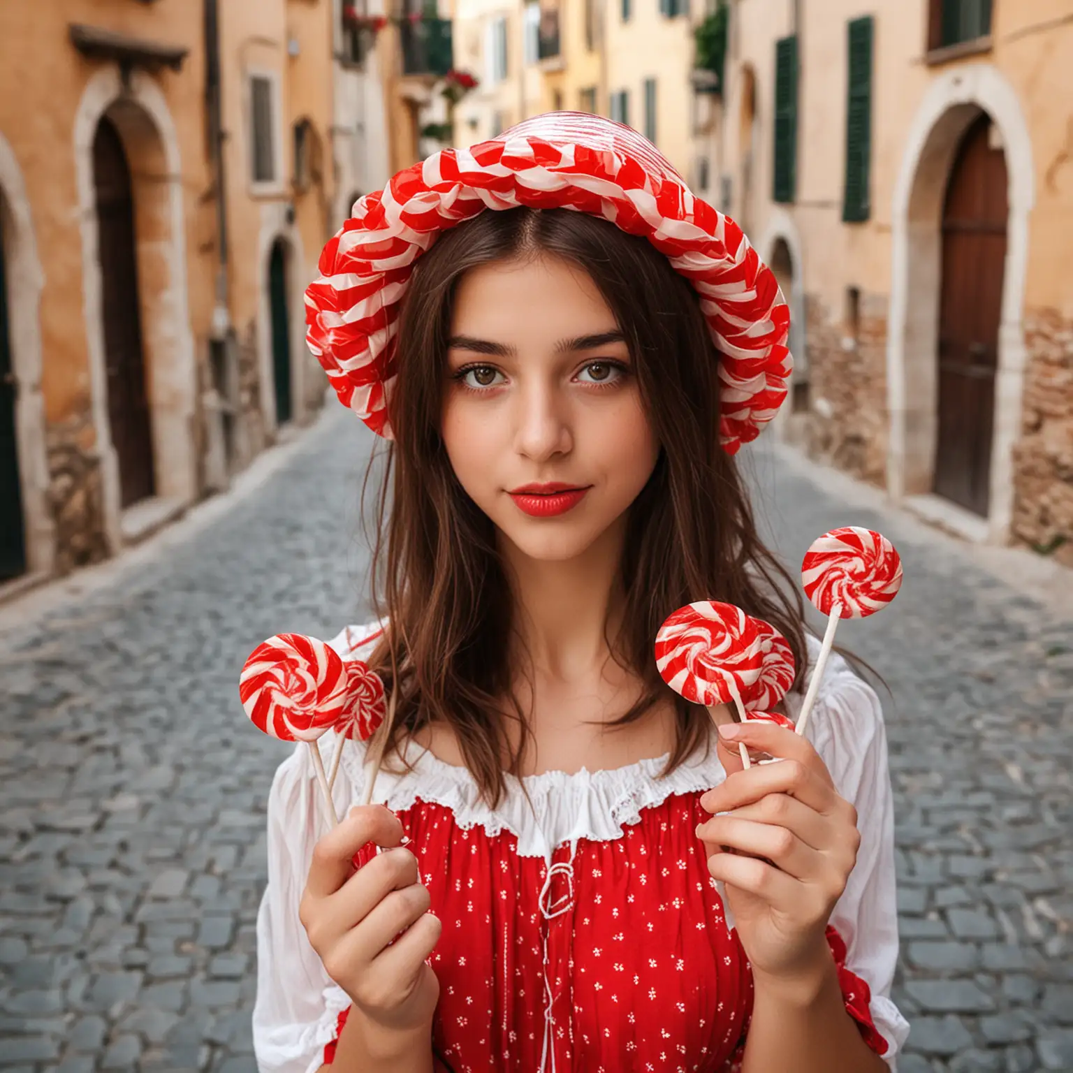 Italian-Girl-Holding-Red-and-White-Candy-Lollipops-in-Italy