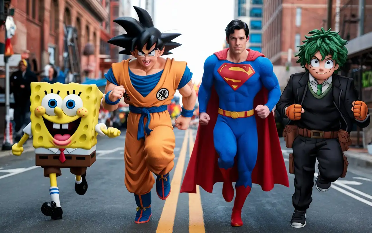 Epic-Runners-SpongeBob-Goku-Superman-and-Izuku-Midoriya-on-Philadelphia-Street