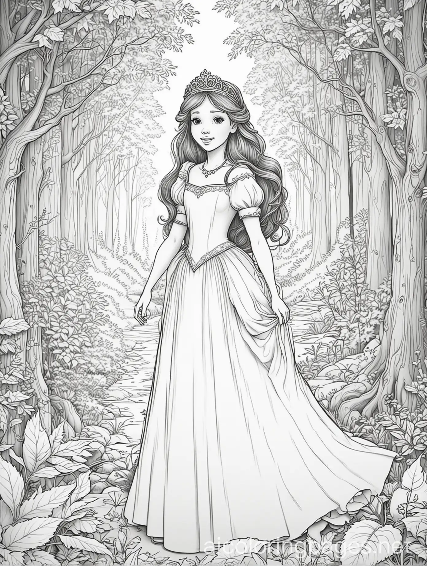 Enchanting-Princess-in-a-Magical-Forest-Coloring-Page