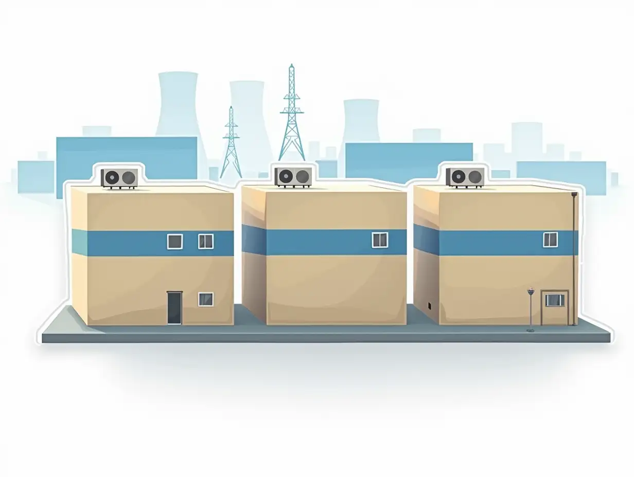 A high-definition laminated sticker cut out of paper depicts 3 (three)  identical rectangular industrial buildings , standing in a row in an isometry. buildings with solid walls and rare small square windows. The color of the walls of the buildings is beige, half of the wall area is occupied by intermittent blue stripes, and the perimeter of the roof is white. Air conditioning units are grouped on the flat roof of the building. Somewhere far away in the background, the contours of blue cube-shaped hangars and two evaporative cooling towers of a power plant are visible. The image is stylized as a laminated self-adhesive sticker, stickers on a white background, and an anime-style vector image.