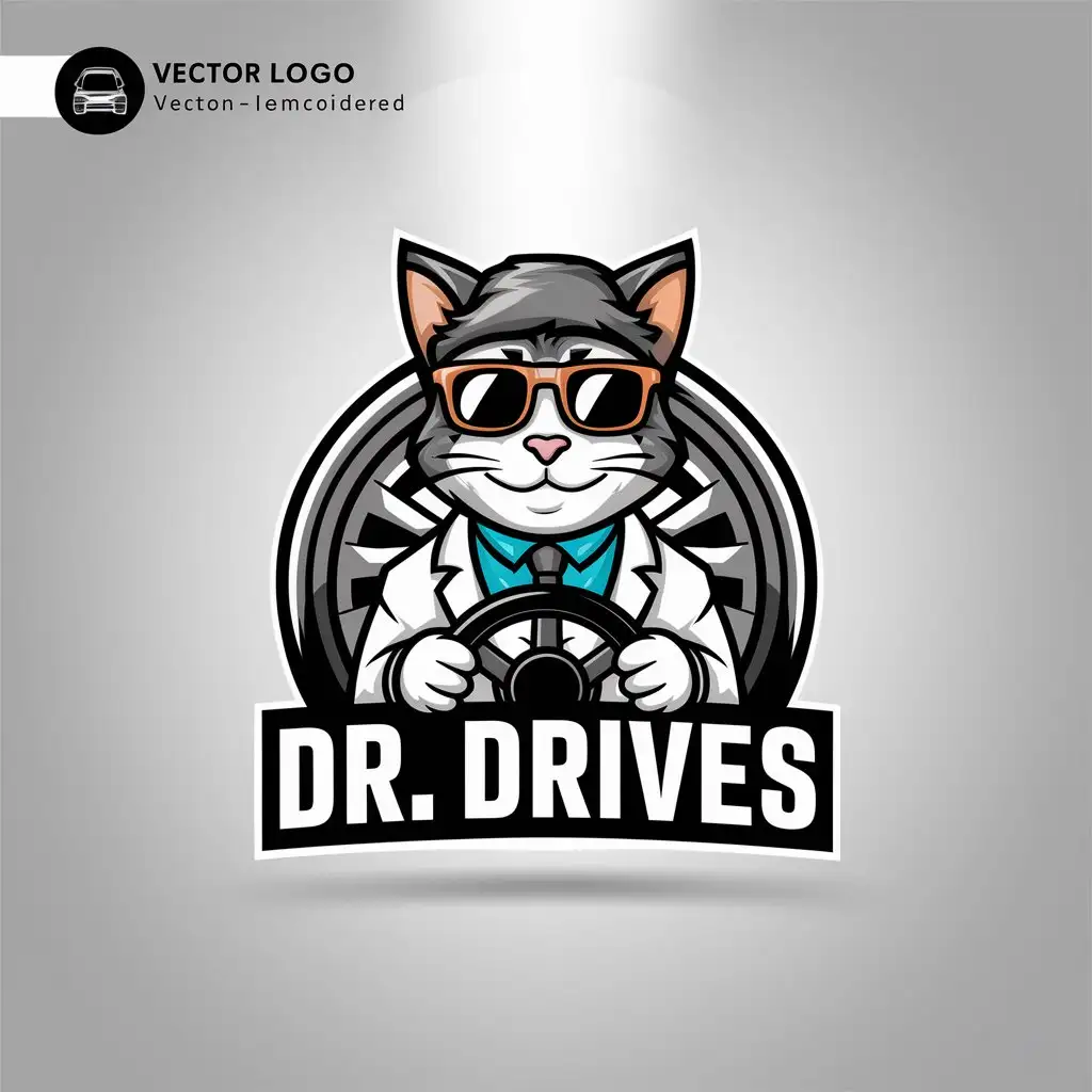 LOGO Design for Dr Drives Playful Cat Doctor with Steering Wheel in Vector Art Style