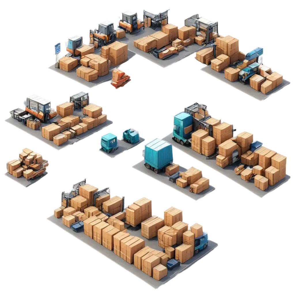 Create a 3d image of a warehouse of merchandise and all the processes involved in the logistics and distribution of the merchandises