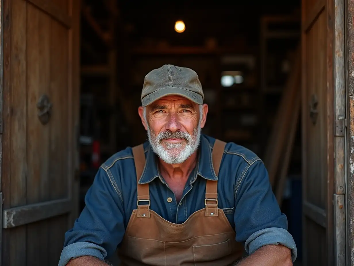 A thoughtful man of 50 years of average stoutness, a carpenter, sits at the gate to the carpentry workshop. The light is on in the workshop. He has a baseball cap on his head. His broad shoulders and muscular arms are partially hidden under a layer of fine wood dust. The sleeves of a navy indigo carpenter shirt are rolled up, revealing forearms marked by years of hard work. Each thread is carefully crafted, emphasizing the worn, rough texture of the fabric. His brown leather apron, mottled with marks and stains from countless hours of painstaking work, testifies to his profession.