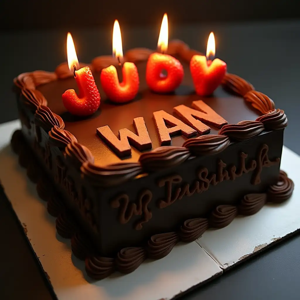 A large square chocolate birthday cake, with the side featuring a relief of the letters 'WAN', topped with four strawberries shaped into the letters 'J', 'U', 'D', and 'Y', each with a small flame burning on top.